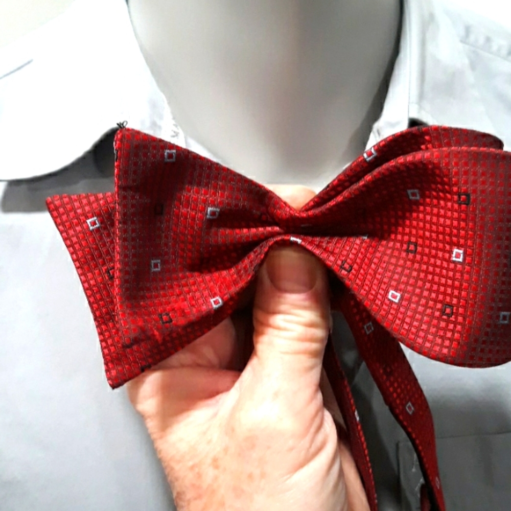 Mens Silk bowtie. Red, blue and black squares. Adjustable